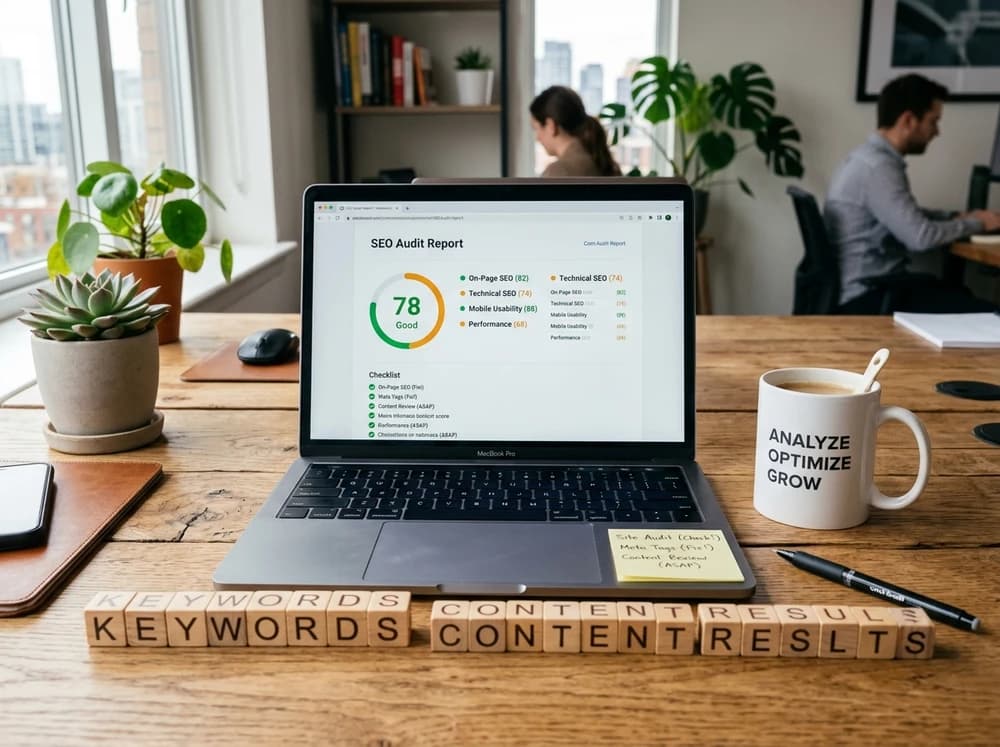 SEO Audit Report Laptop on Desk - Guru Digital Advertising