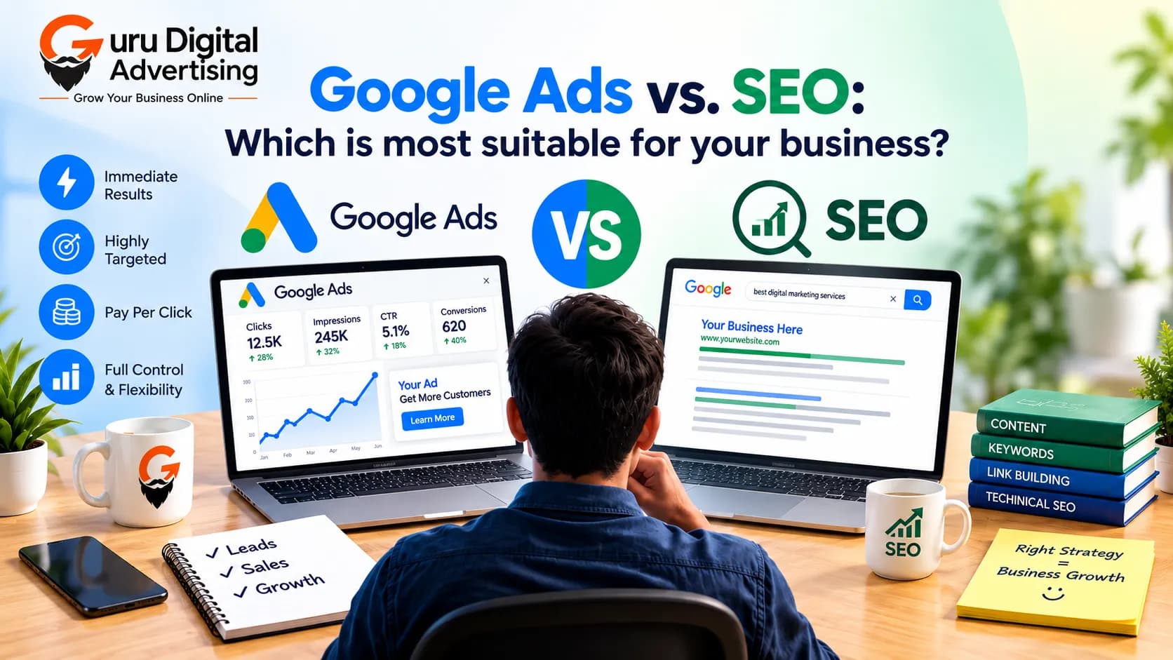 Google Ads vs SEO comparison showing paid and organic search marketing strategies